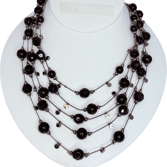 Black Glass Beaded Layered Statement Necklace 20" Gunmetal Multi-Strand - Picture 8 of 9